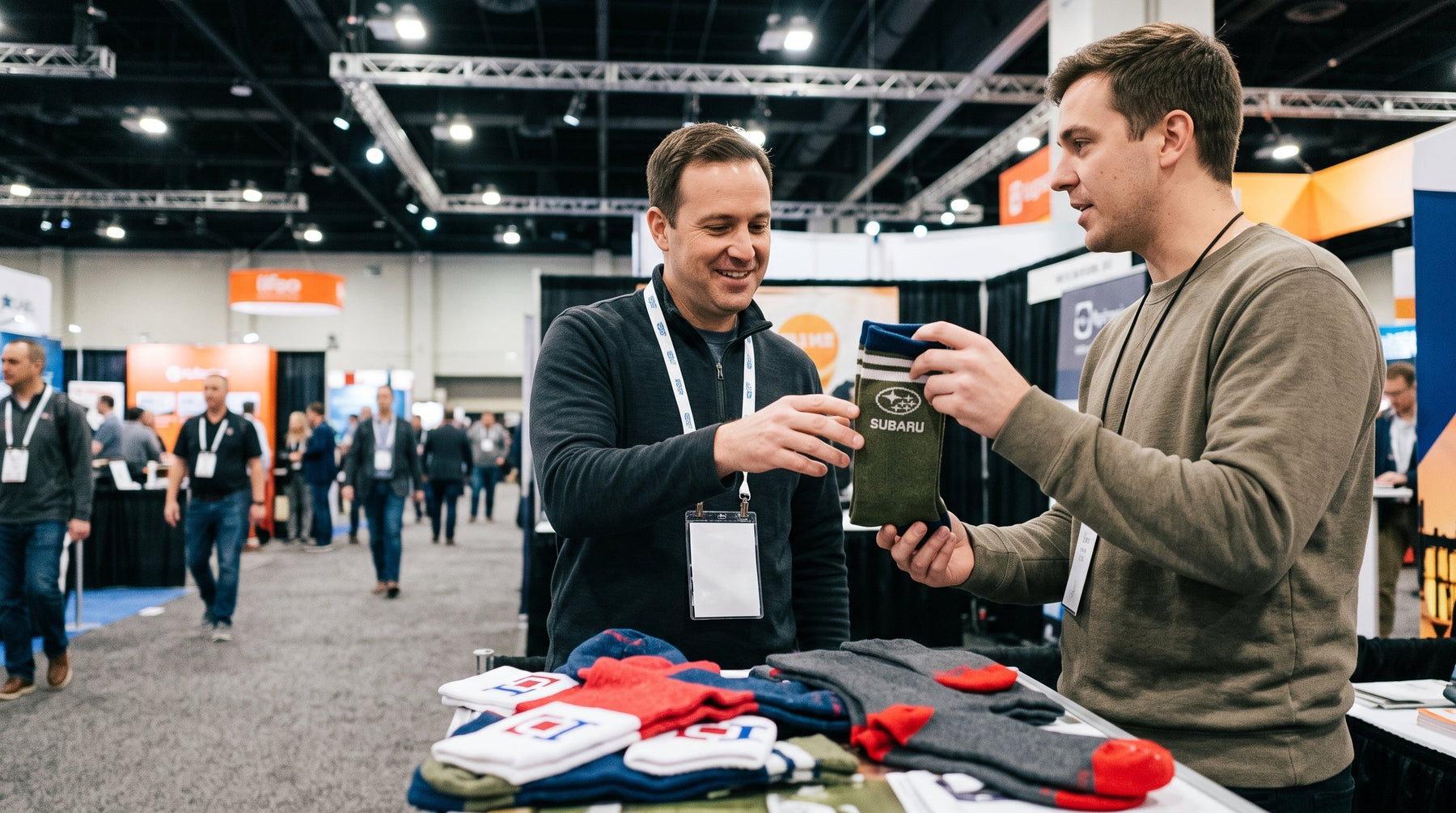 Booth staffer handing a pair of custom knit socks to a smiling attendee at a busy trade show, with branded socks stacked on the table