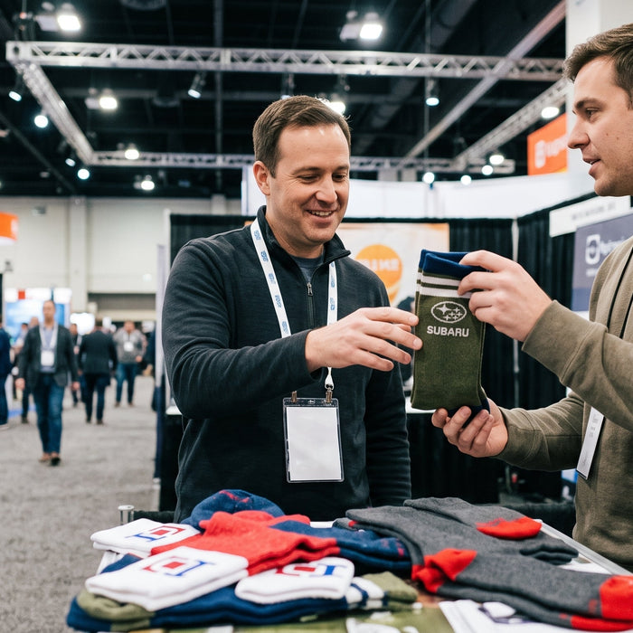 Booth staffer handing a pair of custom knit socks to a smiling attendee at a busy trade show, with branded socks stacked on the table