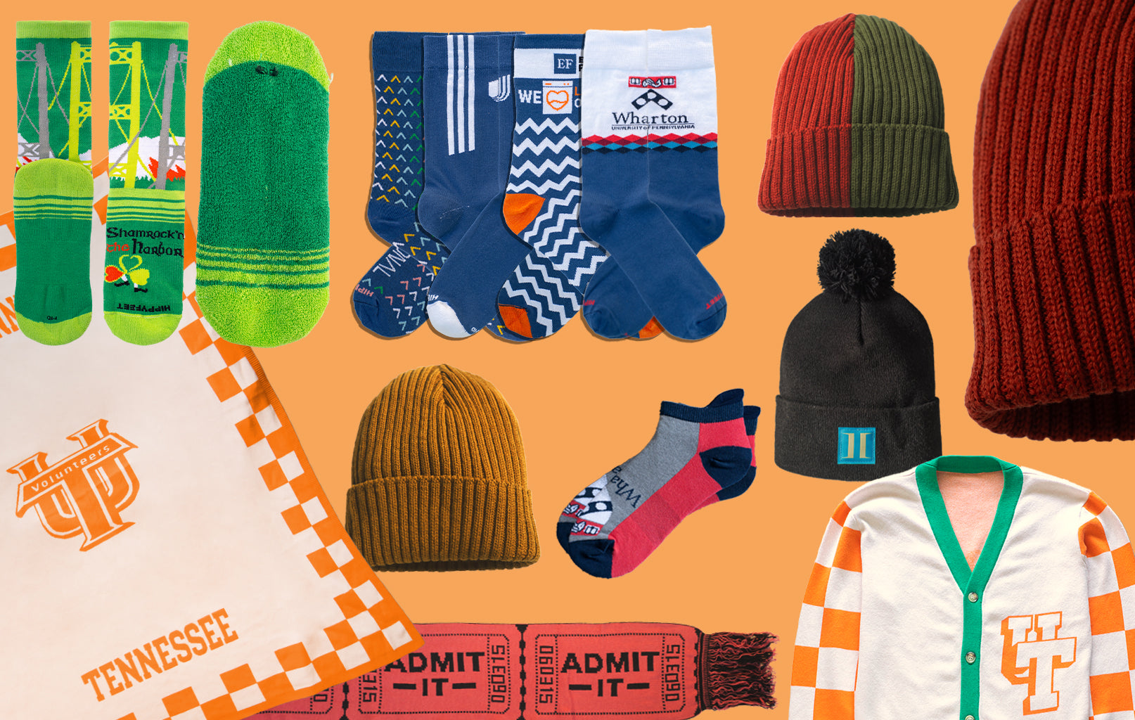 Custom corporate holiday gifts including logo socks, knit beanies, a branded blanket, a knit scarf, and a custom cardigan.