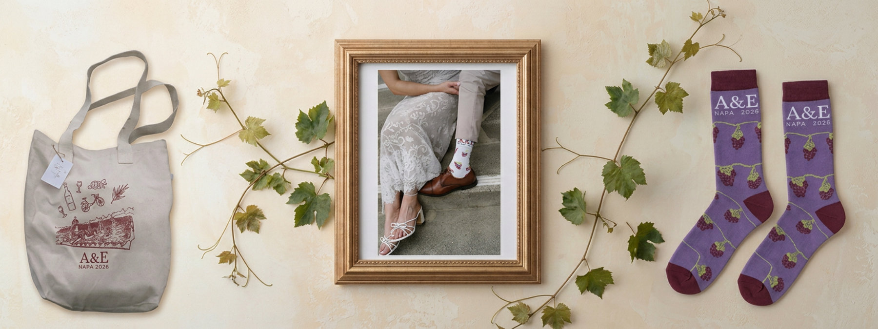 Custom A&E wedding welcome totes and socks at a Napa Valley winery reception table
