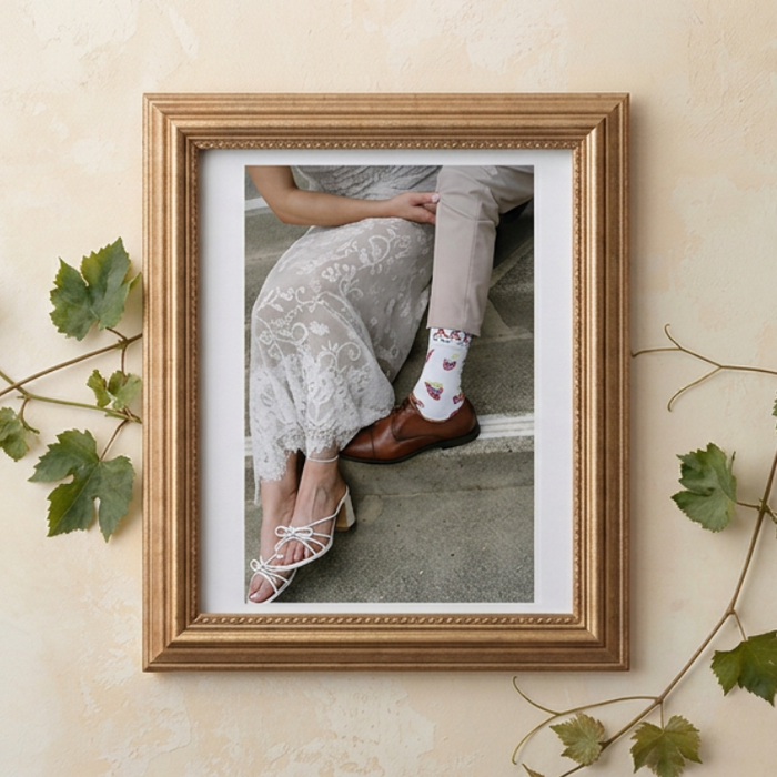 Custom A&E wedding welcome totes and socks at a Napa Valley winery reception table