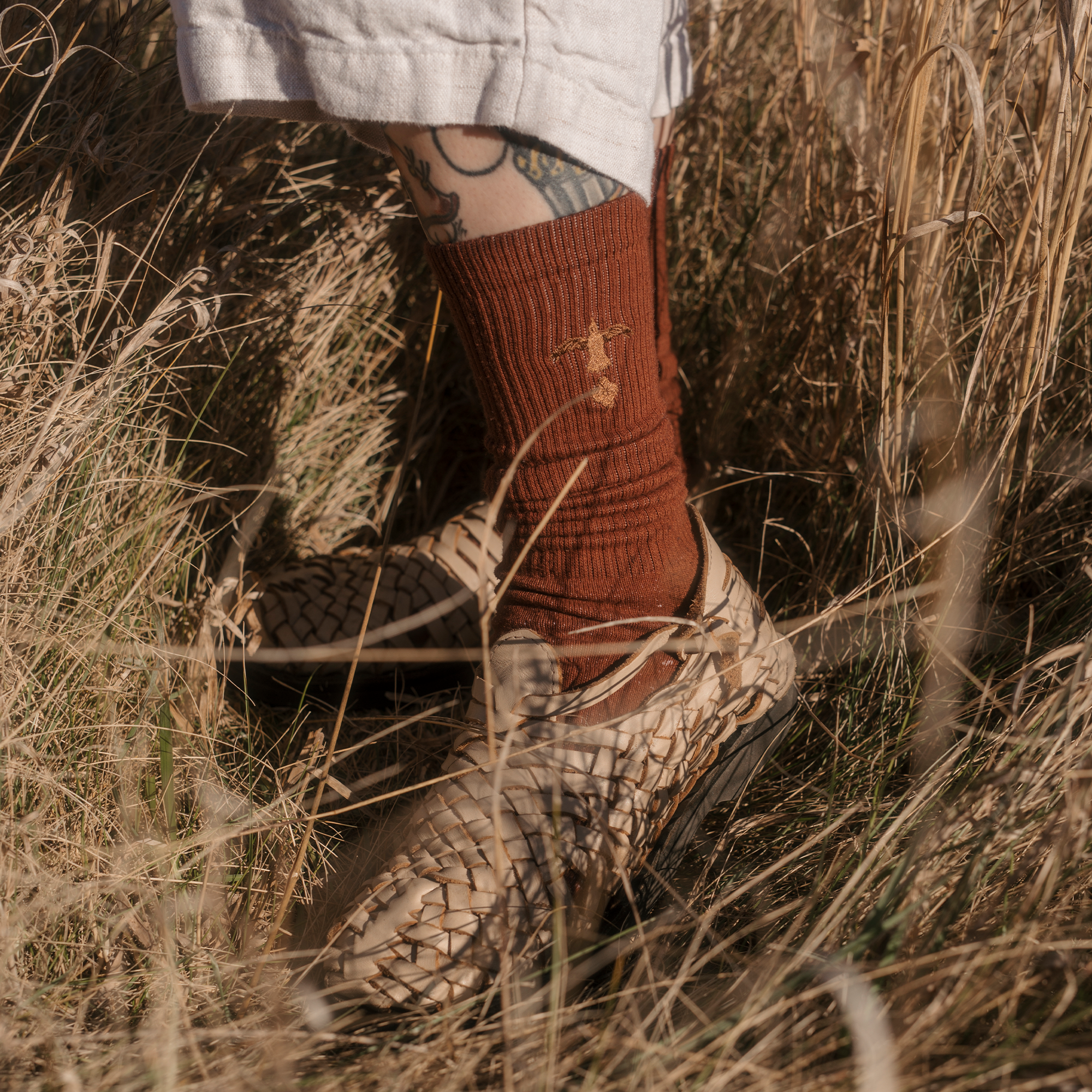 The Fish and Bird Embroidered Crews - Walnut