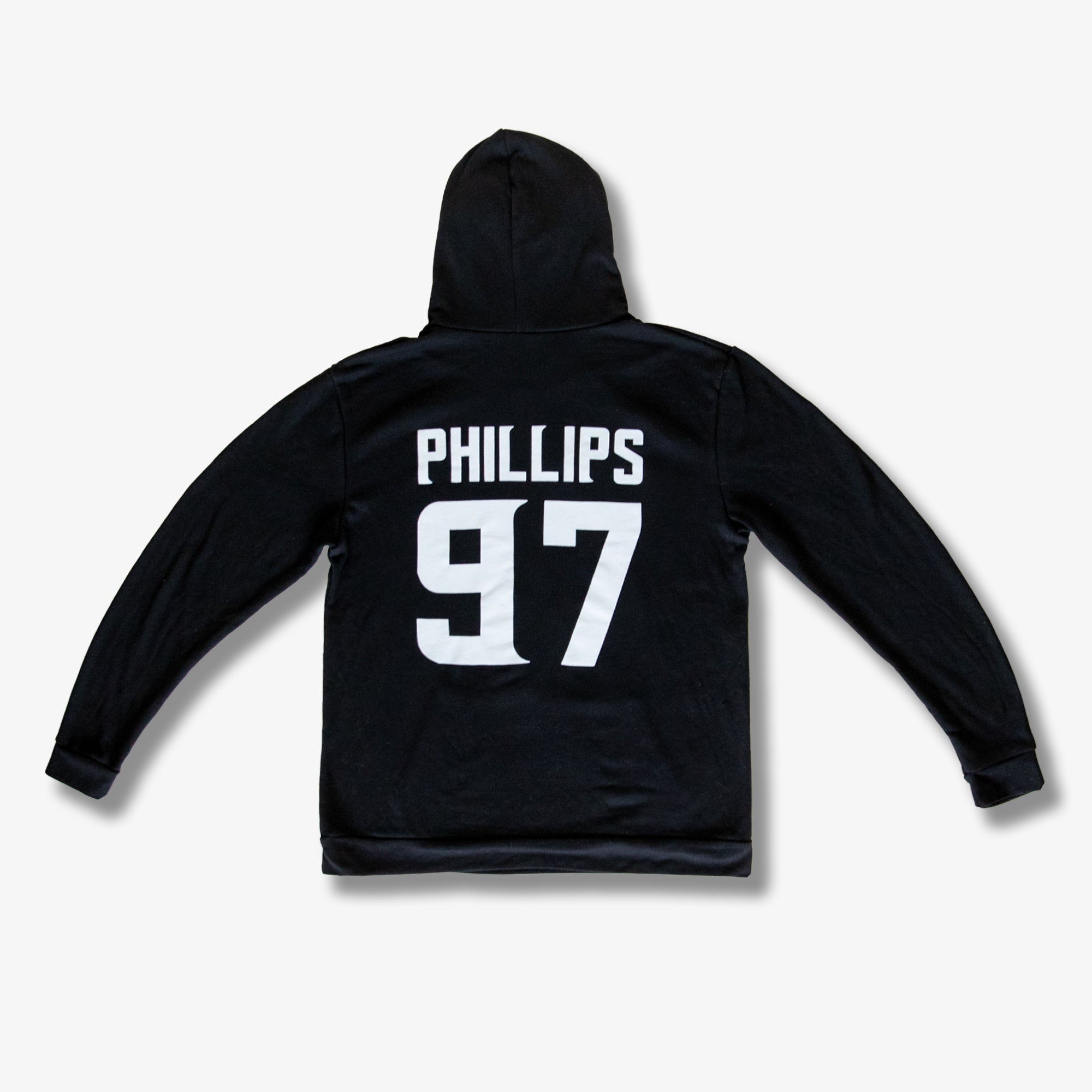 Black hoodie with "Phillips 97" logo screenprinted in large white text